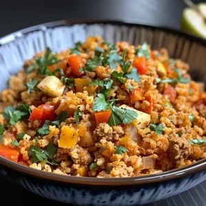 ['A close-up view of a colorful dish featuring bulgur pilaf with ground turkey, diced apples, and bell peppers.', 'A side angle of a hearty bulgur pilaf dish with turkey, apples, and garnished with walnuts and parsley.', 'An intimate shot of bulgur pilaf topped with turkey and apples, showing vibrant ingredients and a glossy finish.', 'A detailed image capturing bulgur pilaf with turkey and apples, highlighting the spices and fresh vegetables.']