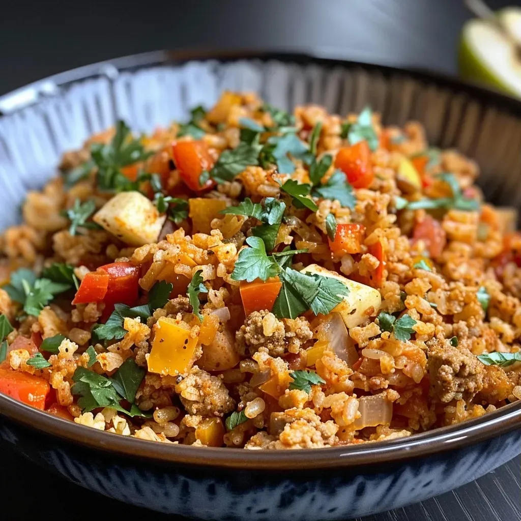 ['A close-up view of a colorful dish featuring bulgur pilaf with ground turkey, diced apples, and bell peppers.', 'A side angle of a hearty bulgur pilaf dish with turkey, apples, and garnished with walnuts and parsley.', 'An intimate shot of bulgur pilaf topped with turkey and apples, showing vibrant ingredients and a glossy finish.', 'A detailed image capturing bulgur pilaf with turkey and apples, highlighting the spices and fresh vegetables.']
