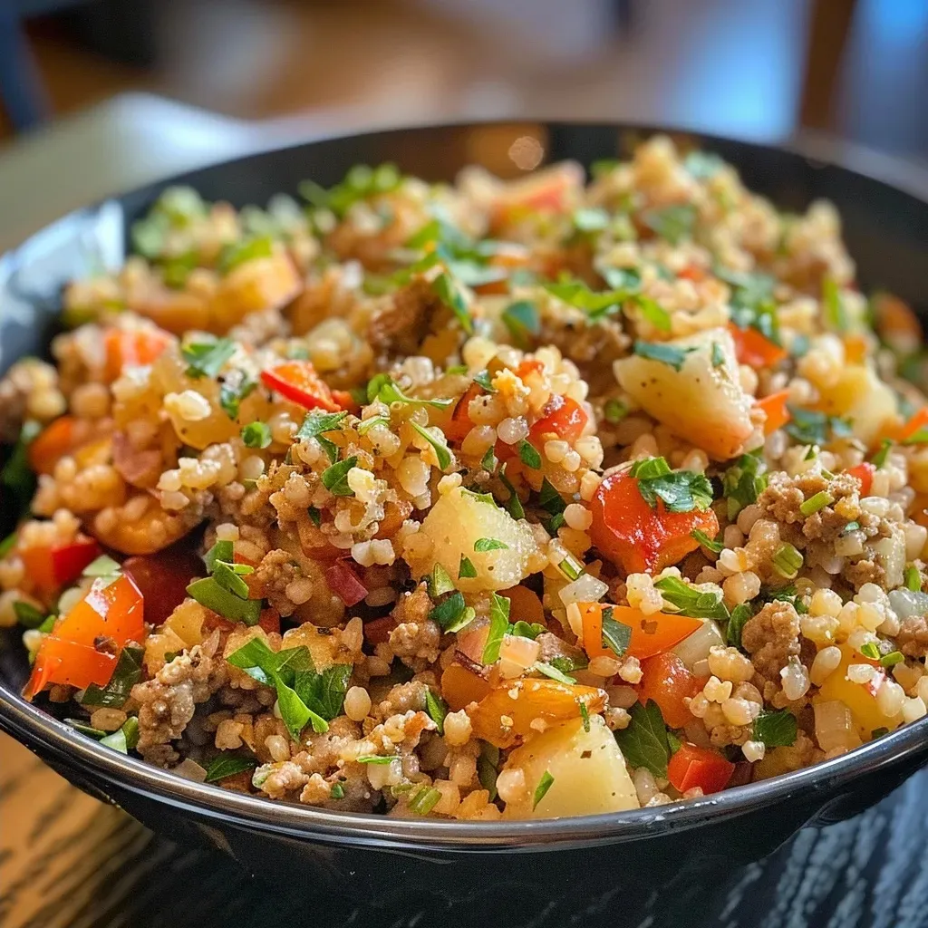 ['A close-up view of a colorful dish featuring bulgur pilaf with ground turkey, diced apples, and bell peppers.', 'A side angle of a hearty bulgur pilaf dish with turkey, apples, and garnished with walnuts and parsley.', 'An intimate shot of bulgur pilaf topped with turkey and apples, showing vibrant ingredients and a glossy finish.', 'A detailed image capturing bulgur pilaf with turkey and apples, highlighting the spices and fresh vegetables.']