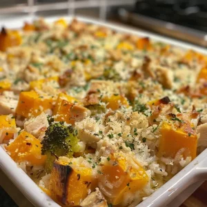 ['Close-up view of a Butternut Squash and Chicken Casserole in a baking dish, showcasing its golden, cheesy top and colorful ingredients.', 'Side angle photograph of a hearty Butternut Squash and Chicken Casserole, featuring chunks of squash and pieces of chicken.', 'A detailed image of a Butternut Squash and Chicken Casserole, highlighting the creamy texture and vibrant broccoli.', 'Close-up of a steaming hot Butternut Squash and Chicken Casserole, emphasizing the melted cheese topping and colorful vegetables.']