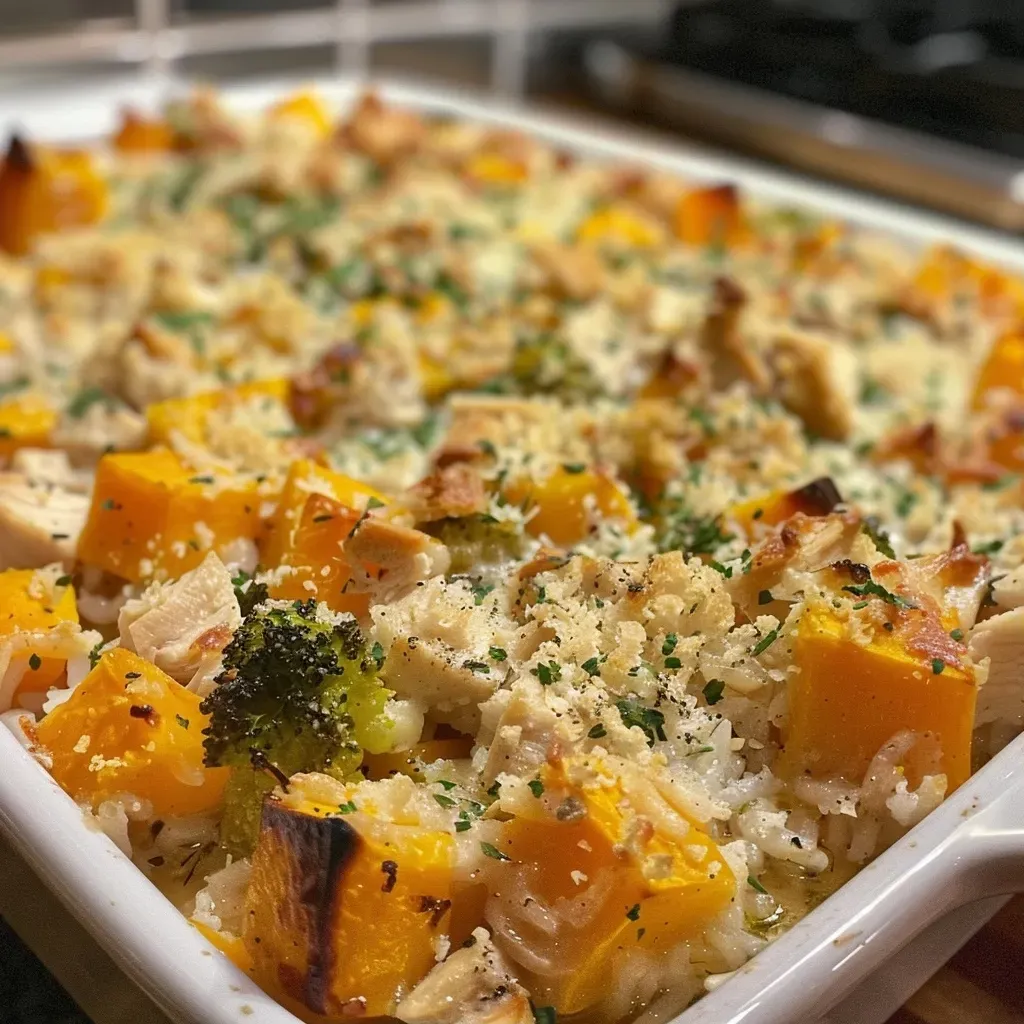 ['Close-up view of a Butternut Squash and Chicken Casserole in a baking dish, showcasing its golden, cheesy top and colorful ingredients.', 'Side angle photograph of a hearty Butternut Squash and Chicken Casserole, featuring chunks of squash and pieces of chicken.', 'A detailed image of a Butternut Squash and Chicken Casserole, highlighting the creamy texture and vibrant broccoli.', 'Close-up of a steaming hot Butternut Squash and Chicken Casserole, emphasizing the melted cheese topping and colorful vegetables.']