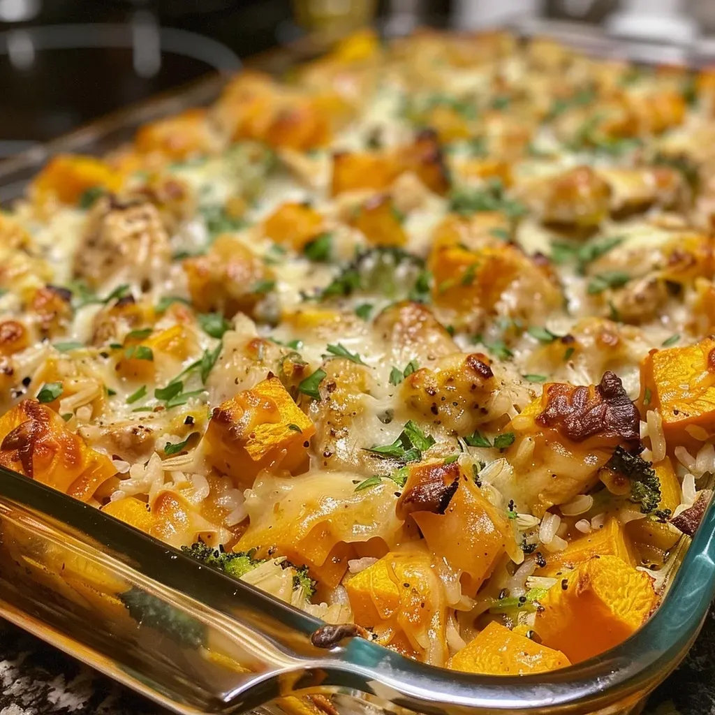 ['Close-up view of a Butternut Squash and Chicken Casserole in a baking dish, showcasing its golden, cheesy top and colorful ingredients.', 'Side angle photograph of a hearty Butternut Squash and Chicken Casserole, featuring chunks of squash and pieces of chicken.', 'A detailed image of a Butternut Squash and Chicken Casserole, highlighting the creamy texture and vibrant broccoli.', 'Close-up of a steaming hot Butternut Squash and Chicken Casserole, emphasizing the melted cheese topping and colorful vegetables.']