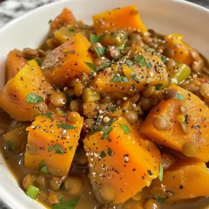 ['Close-up view of Butternut Squash and Lentil Stew in a vibrant bowl.', 'Side view of a hearty Butternut Squash and Lentil Stew with colorful vegetables.', 'Flavorful Butternut Squash and Lentil Stew displayed in a rustic bowl on a wooden surface.', 'A comforting bowl of Butternut Squash and Lentil Stew with chunky vegetables and spices.']