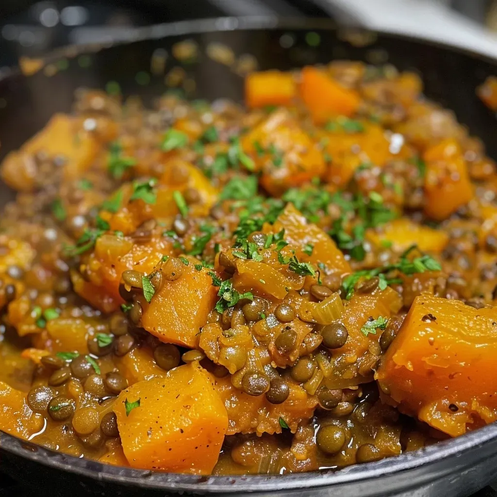 ['Close-up view of Butternut Squash and Lentil Stew in a vibrant bowl.', 'Side view of a hearty Butternut Squash and Lentil Stew with colorful vegetables.', 'Flavorful Butternut Squash and Lentil Stew displayed in a rustic bowl on a wooden surface.', 'A comforting bowl of Butternut Squash and Lentil Stew with chunky vegetables and spices.']