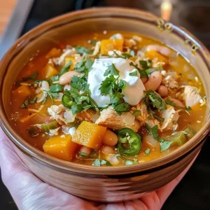 ['A close-up view of a bowl of Butternut White Chicken Chili with colorful ingredients visible.', 'A side view of a hearty butternut squash chili topped with fresh herbs in a white bowl.', 'A vibrant bowl of white chicken chili featuring chunks of butternut squash and garnished with cilantro.', 'A delicious serving of Butternut White Chicken Chili showcasing creamy texture and colorful toppings.']