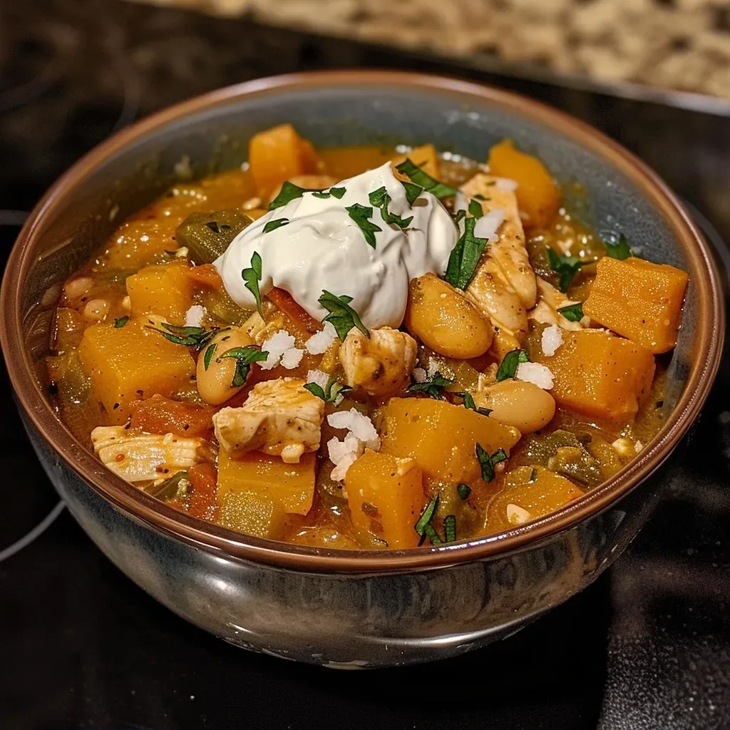 ['A close-up view of a bowl of Butternut White Chicken Chili with colorful ingredients visible.', 'A side view of a hearty butternut squash chili topped with fresh herbs in a white bowl.', 'A vibrant bowl of white chicken chili featuring chunks of butternut squash and garnished with cilantro.', 'A delicious serving of Butternut White Chicken Chili showcasing creamy texture and colorful toppings.']
