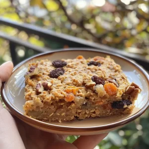 ['Close-up view of a slice of Carrot Cake Baked Oatmeal topped with pecans and raisins.', 'Side angle photo of Carrot Cake Baked Oatmeal displaying its moist texture and ingredients.', 'A delicious portion of Carrot Cake Baked Oatmeal garnished with grated carrots and nuts.', 'Appetizing slice of Carrot Cake Baked Oatmeal revealing layers of oats and spices.']