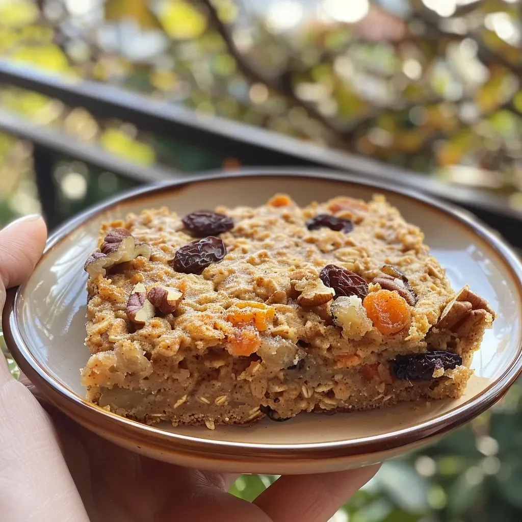 ['Close-up view of a slice of Carrot Cake Baked Oatmeal topped with pecans and raisins.', 'Side angle photo of Carrot Cake Baked Oatmeal displaying its moist texture and ingredients.', 'A delicious portion of Carrot Cake Baked Oatmeal garnished with grated carrots and nuts.', 'Appetizing slice of Carrot Cake Baked Oatmeal revealing layers of oats and spices.']