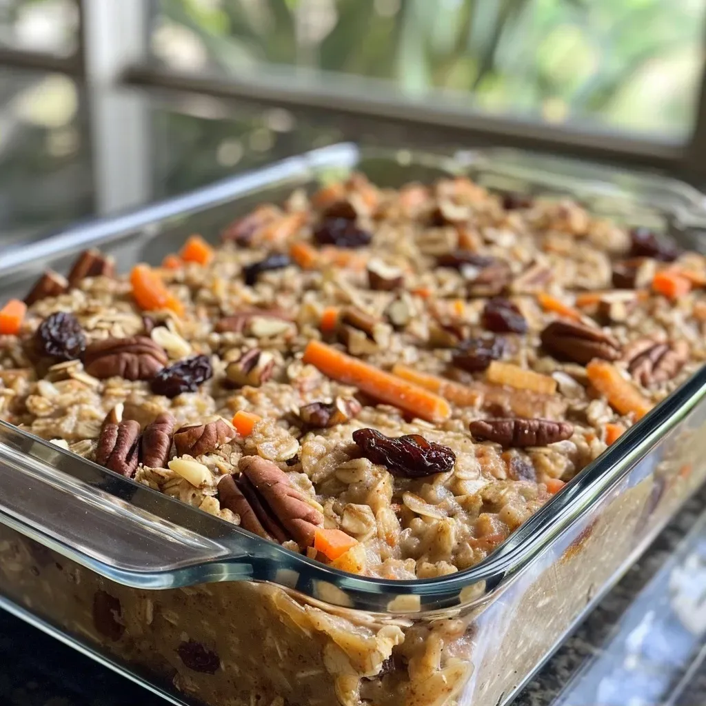 ['Close-up view of a slice of Carrot Cake Baked Oatmeal topped with pecans and raisins.', 'Side angle photo of Carrot Cake Baked Oatmeal displaying its moist texture and ingredients.', 'A delicious portion of Carrot Cake Baked Oatmeal garnished with grated carrots and nuts.', 'Appetizing slice of Carrot Cake Baked Oatmeal revealing layers of oats and spices.']