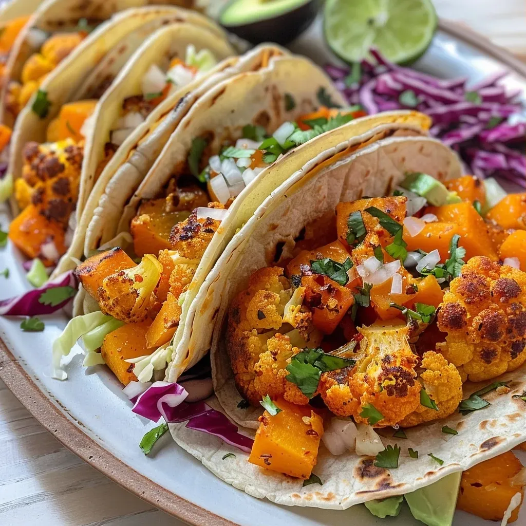 ['Close-up image of vibrant Cauliflower and Butternut Squash Tacos with fresh toppings.', 'Side view of colorful tacos filled with roasted cauliflower and butternut squash.', 'Delicious tacos featuring cauliflower, butternut squash, and various toppings.', 'Tasty Cauliflower and Butternut Squash Tacos garnished with cilantro and avocado.']