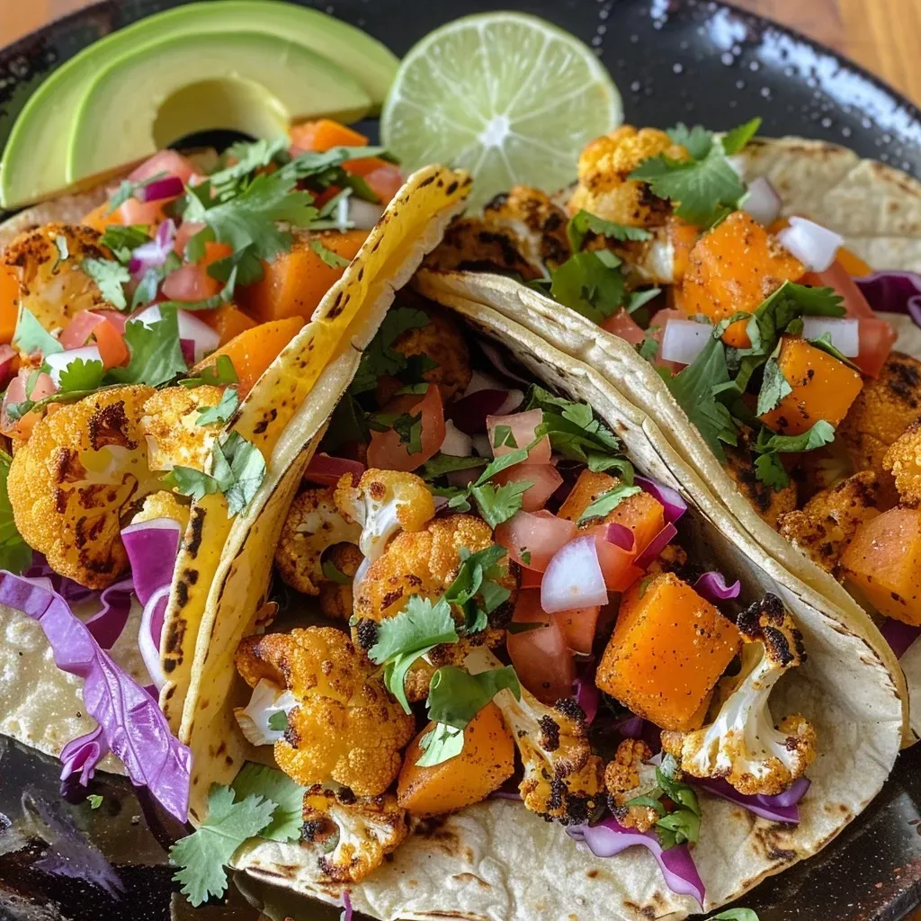 ['Close-up image of vibrant Cauliflower and Butternut Squash Tacos with fresh toppings.', 'Side view of colorful tacos filled with roasted cauliflower and butternut squash.', 'Delicious tacos featuring cauliflower, butternut squash, and various toppings.', 'Tasty Cauliflower and Butternut Squash Tacos garnished with cilantro and avocado.']
