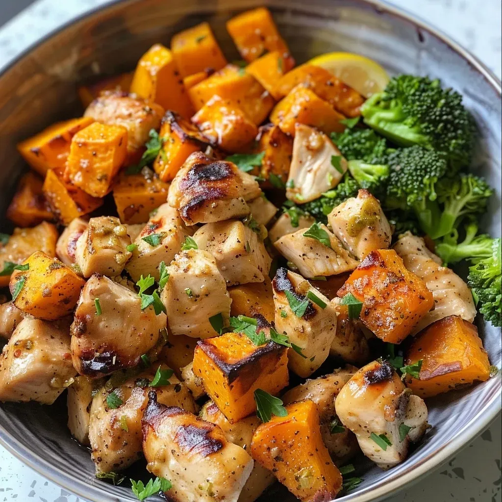 ['A close-up of two chicken and sweet potato bowls, featuring juicy chicken, cubed sweet potatoes, and broccoli.', 'Side-view photo of delicious chicken and sweet potato bowls, garnished with parsley and lemon wedges.', 'Colorful chicken and sweet potato bowls, showcasing tender chicken, orange sweet potatoes, and green broccoli florets.', 'A vibrant meal composed of juicy chicken breasts, sweet potatoes, and broccoli in serving bowls.']