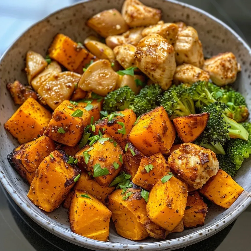 ['A close-up of two chicken and sweet potato bowls, featuring juicy chicken, cubed sweet potatoes, and broccoli.', 'Side-view photo of delicious chicken and sweet potato bowls, garnished with parsley and lemon wedges.', 'Colorful chicken and sweet potato bowls, showcasing tender chicken, orange sweet potatoes, and green broccoli florets.', 'A vibrant meal composed of juicy chicken breasts, sweet potatoes, and broccoli in serving bowls.']