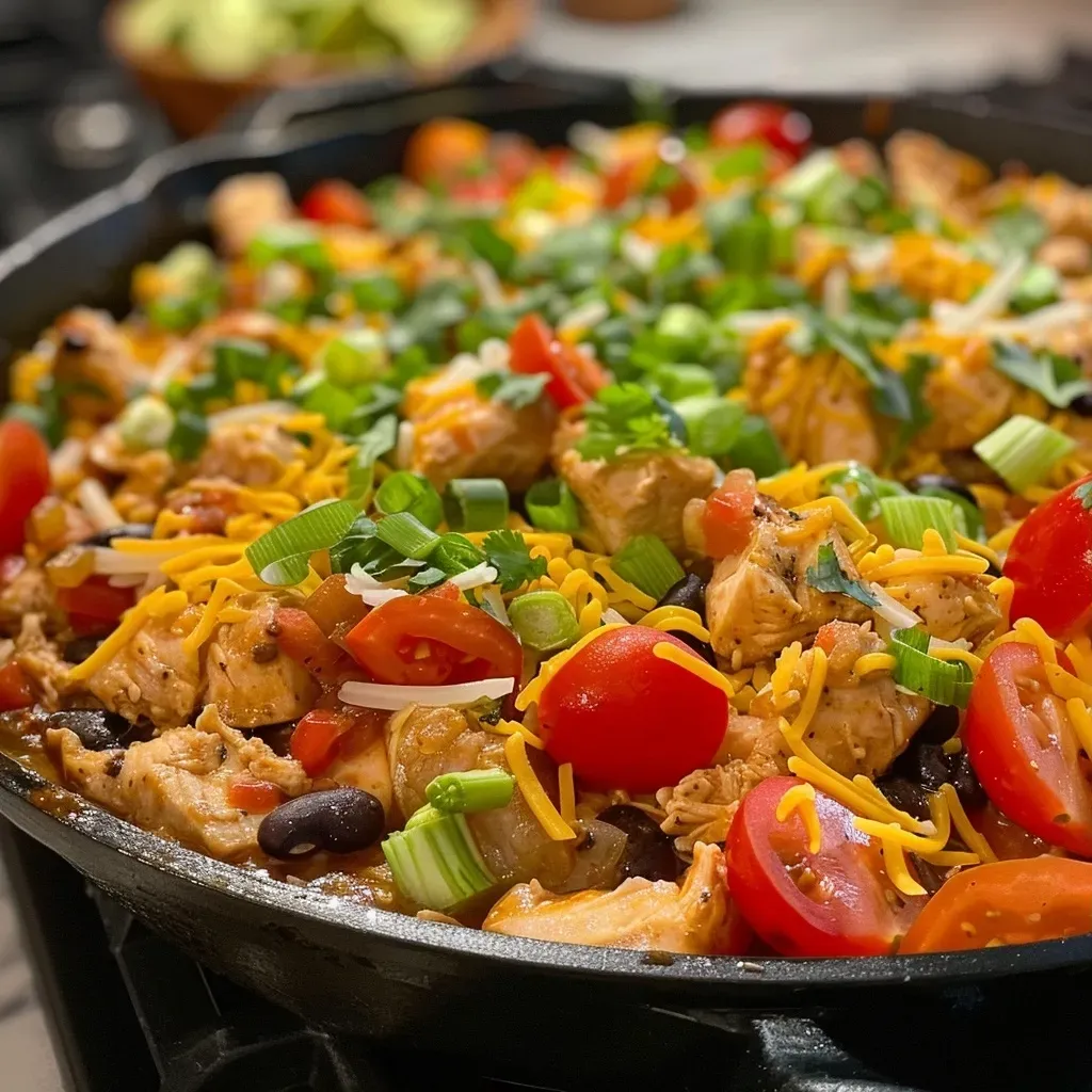 ['Close-up of a Chicken Burrito Skillet featuring diced chicken and vibrant vegetables.', 'Side view of a colorful Chicken Burrito Skillet with melted cheese and garnishes.', 'Juicy Chicken Burrito Skillet showcasing tender chicken, rice, and fresh toppings.', 'Appetizing Chicken Burrito Skillet highlighting black beans and cherry tomatoes.']