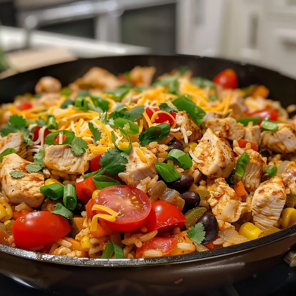 ['Close-up of a Chicken Burrito Skillet featuring diced chicken and vibrant vegetables.', 'Side view of a colorful Chicken Burrito Skillet with melted cheese and garnishes.', 'Juicy Chicken Burrito Skillet showcasing tender chicken, rice, and fresh toppings.', 'Appetizing Chicken Burrito Skillet highlighting black beans and cherry tomatoes.']