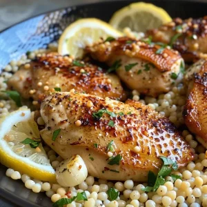 ['Close-up of a plate featuring Chicken Couscous with fresh herbs and lemon slices.', 'Juicy Chicken Thighs served over pearl couscous, garnished with thyme and lemon.', 'Side view of a delicious Chicken Couscous dish showcasing tender chicken and couscous grains.', 'Colorful presentation of Chicken Couscous with garlic and lemon accents on a plate.']