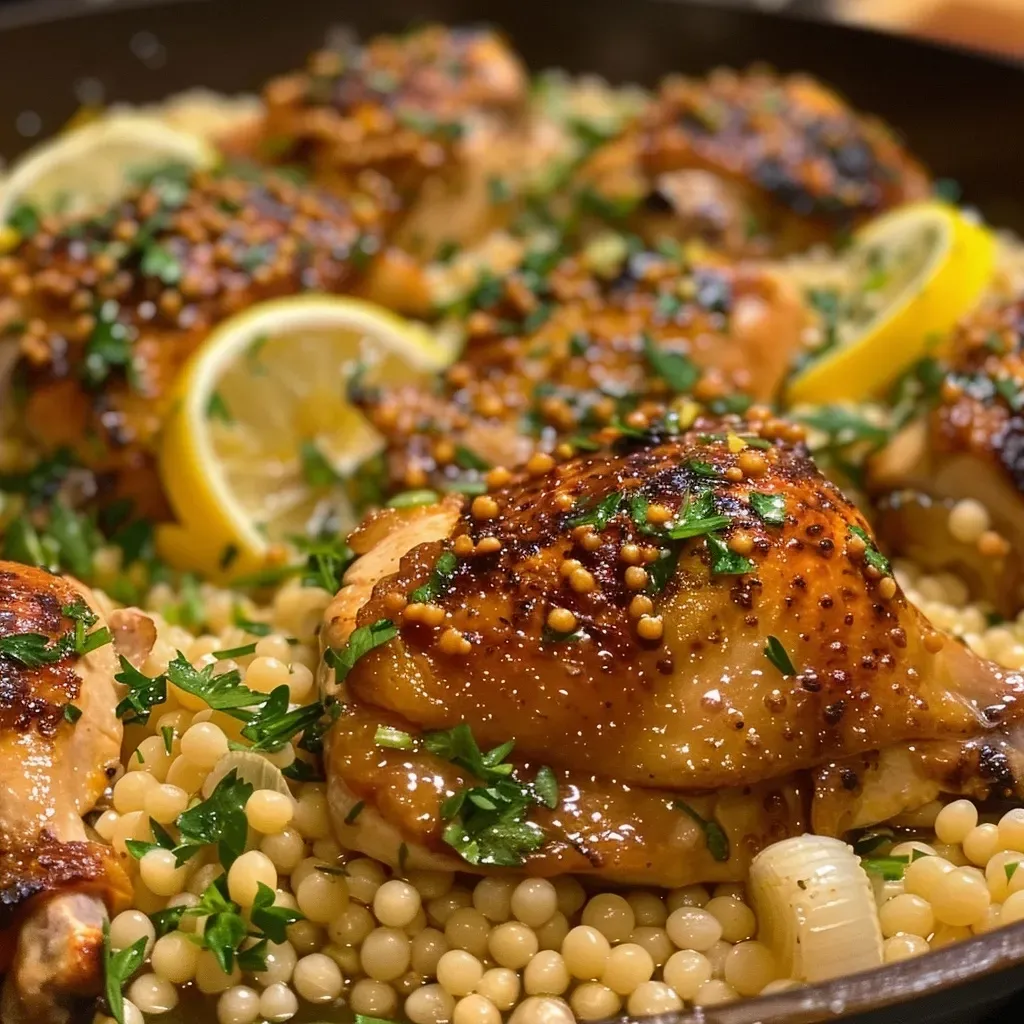 ['Close-up of a plate featuring Chicken Couscous with fresh herbs and lemon slices.', 'Juicy Chicken Thighs served over pearl couscous, garnished with thyme and lemon.', 'Side view of a delicious Chicken Couscous dish showcasing tender chicken and couscous grains.', 'Colorful presentation of Chicken Couscous with garlic and lemon accents on a plate.']