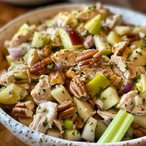 ['A close-up view of chicken salad featuring apples and walnuts, showing colorful ingredients and creamy texture.', 'Side view of a vibrant chicken salad with diced apples, walnuts, and herbs, garnished with fresh rosemary.', 'Juicy chicken salad presented with chunks of apples, walnuts, and celery, emphasizing the texture and freshness.', 'Fresh chicken salad in a bowl, showcasing apples, walnuts, and a creamy yogurt dressing, with a hint of red onion.']