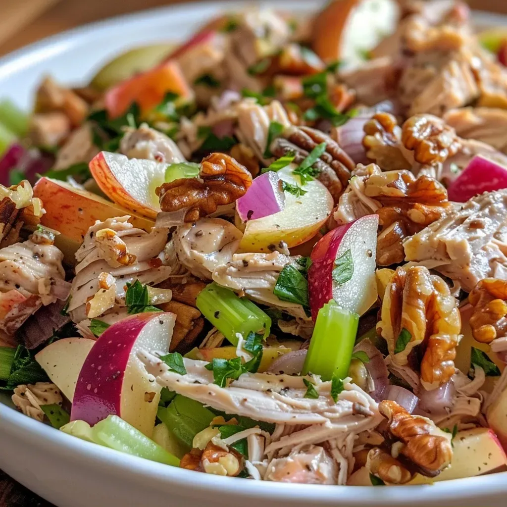 ['A close-up view of chicken salad featuring apples and walnuts, showing colorful ingredients and creamy texture.', 'Side view of a vibrant chicken salad with diced apples, walnuts, and herbs, garnished with fresh rosemary.', 'Juicy chicken salad presented with chunks of apples, walnuts, and celery, emphasizing the texture and freshness.', 'Fresh chicken salad in a bowl, showcasing apples, walnuts, and a creamy yogurt dressing, with a hint of red onion.']