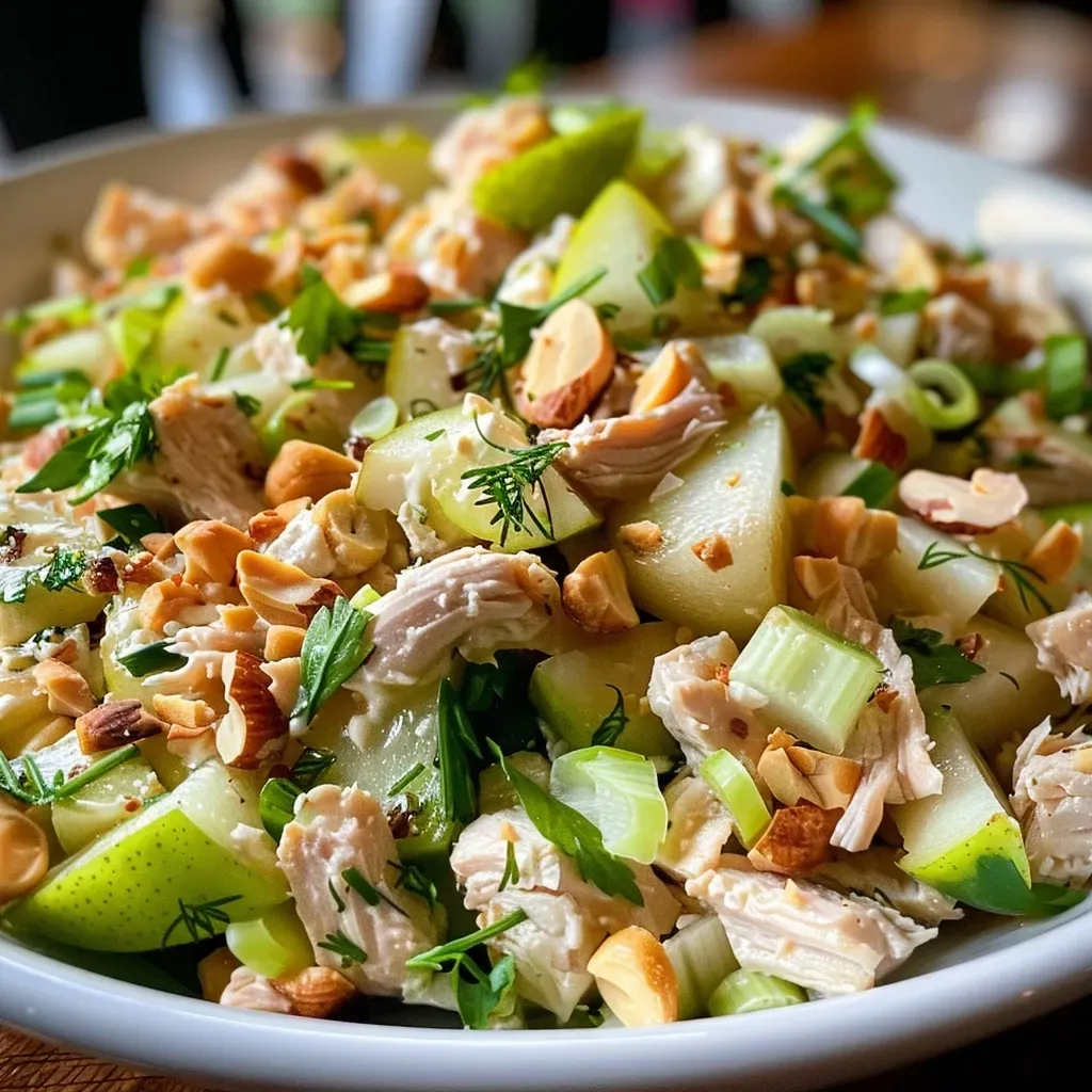 ['Close-up view of a chicken salad featuring diced pears and chopped hazelnuts on a plate.', 'Juicy chicken salad mixed with fresh herbs, pears, and hazelnuts, presented in a side view.', 'A delicious bowl of chicken salad with green onions, fresh herbs, and slices of pear.', 'Side profile of a colorful chicken salad with hazelnuts and pear, garnished with leafy greens.']