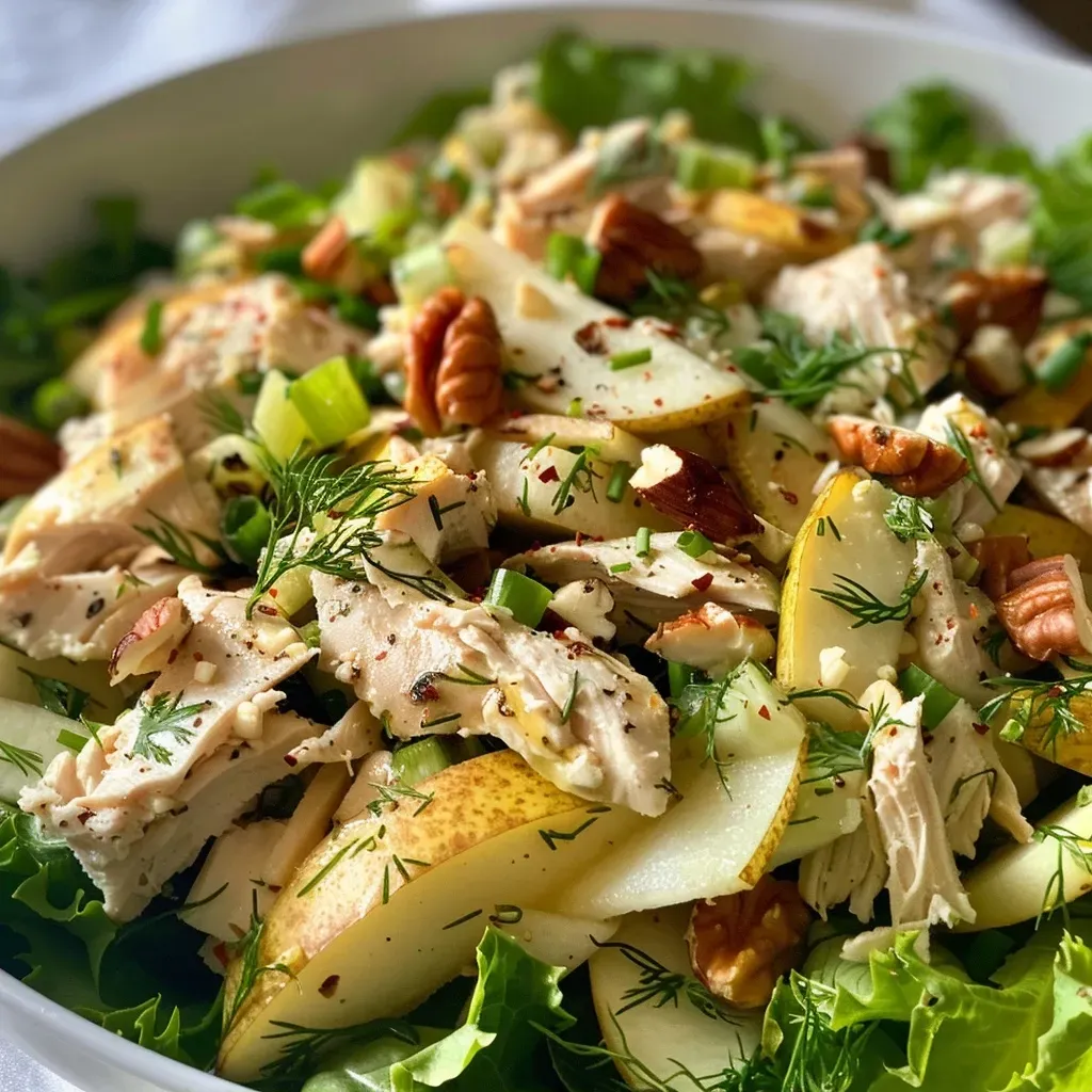 ['Close-up view of a chicken salad featuring diced pears and chopped hazelnuts on a plate.', 'Juicy chicken salad mixed with fresh herbs, pears, and hazelnuts, presented in a side view.', 'A delicious bowl of chicken salad with green onions, fresh herbs, and slices of pear.', 'Side profile of a colorful chicken salad with hazelnuts and pear, garnished with leafy greens.']