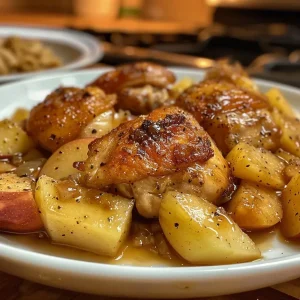 Juicy chicken breast topped with apple slices and a cider glaze.