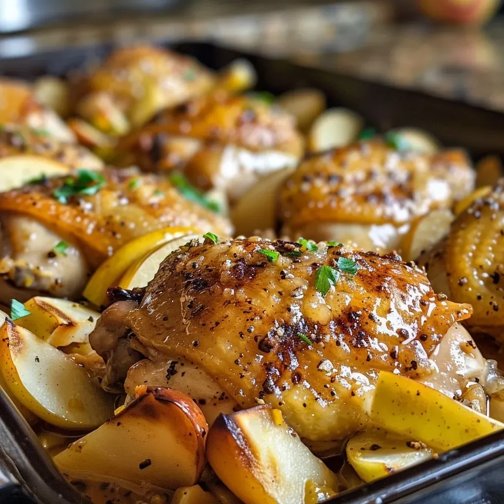 Juicy chicken breast topped with apple slices and a cider glaze.