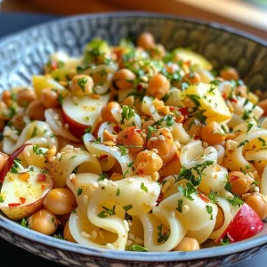 Close-up of a colorful chickpea noodle salad featuring South Tyrolean apples and fresh vegetables.