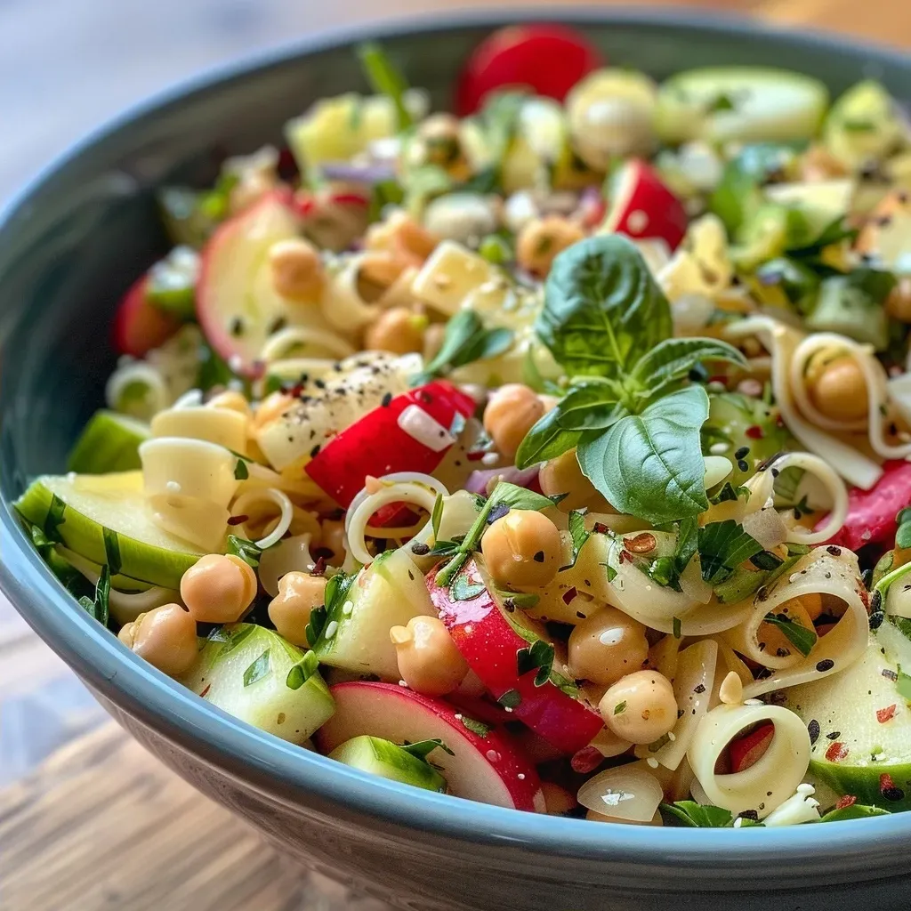 Close-up of a colorful chickpea noodle salad featuring South Tyrolean apples and fresh vegetables.