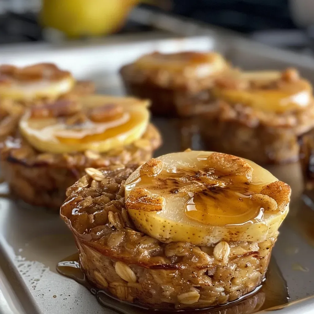 ['Close-up view of delicious Cinnamon Pear Baked Oatmeal Cups, showcasing a moist texture.', 'Side view photo of baked oatmeal cups featuring cinnamon and pear, highlighting their golden edges.', 'Detailed image of gluten-free oatmeal cups, garnished with pear, emphasizing their inviting appearance.', 'Close-up of Cinnamon Pear Baked Oatmeal Cups, showcasing a soft interior and pear pieces.']