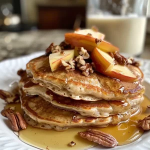 ['Close-up view of golden brown Cinnamon Pecan Apple Pancakes topped with pecans and apple slices.', 'Side view of fluffy pancakes layered with apple chunks and drizzled with syrup.', 'Delicious stack of Cinnamon Pecan Apple Pancakes garnished with nuts and fresh apple slices.', 'Textured image showcasing syrupy pancakes with a sprinkling of pecans and cinnamon.']