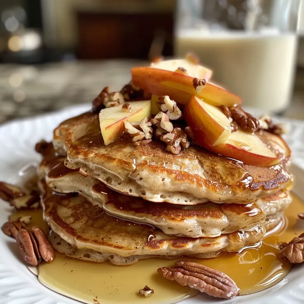 ['Close-up view of golden brown Cinnamon Pecan Apple Pancakes topped with pecans and apple slices.', 'Side view of fluffy pancakes layered with apple chunks and drizzled with syrup.', 'Delicious stack of Cinnamon Pecan Apple Pancakes garnished with nuts and fresh apple slices.', 'Textured image showcasing syrupy pancakes with a sprinkling of pecans and cinnamon.']