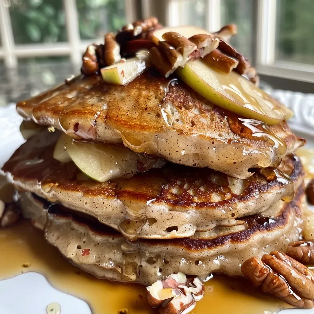 ['Close-up view of golden brown Cinnamon Pecan Apple Pancakes topped with pecans and apple slices.', 'Side view of fluffy pancakes layered with apple chunks and drizzled with syrup.', 'Delicious stack of Cinnamon Pecan Apple Pancakes garnished with nuts and fresh apple slices.', 'Textured image showcasing syrupy pancakes with a sprinkling of pecans and cinnamon.']