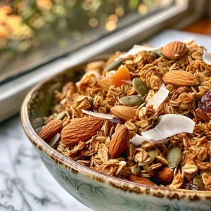 ['Close-up view of a bowl of cinnamon pumpkin granola with nuts and seeds.', 'Side view of a colorful mix of cinnamon pumpkin granola with coconut flakes.', 'Detailed image of a delicious gluten-free granola featuring pumpkin puree and spices.', 'Close-up of crunchy granola made with almonds, pecans, and pumpkin, garnished with dried fruit.']