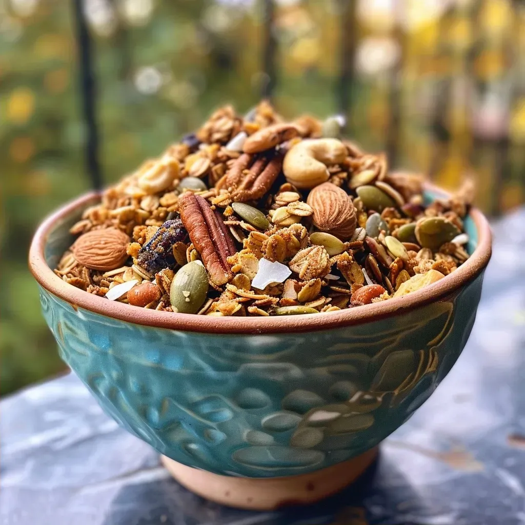 ['Close-up view of a bowl of cinnamon pumpkin granola with nuts and seeds.', 'Side view of a colorful mix of cinnamon pumpkin granola with coconut flakes.', 'Detailed image of a delicious gluten-free granola featuring pumpkin puree and spices.', 'Close-up of crunchy granola made with almonds, pecans, and pumpkin, garnished with dried fruit.']