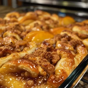 ['Close-up of a juicy Cinnamon Roll Peach Cobbler, showcasing sliced peaches and cinnamon rolls.', 'Side view of warm Peach Cobbler topped with cinnamon rolls, presented in a rustic dish.', 'Delicious Cinnamon Roll Peach Cobbler with a golden-brown crust and juicy peach filling.', 'A mouthwatering Cinnamon Roll Peach Cobbler, featuring vibrant peach slices and gooey cinnamon roll dough.']