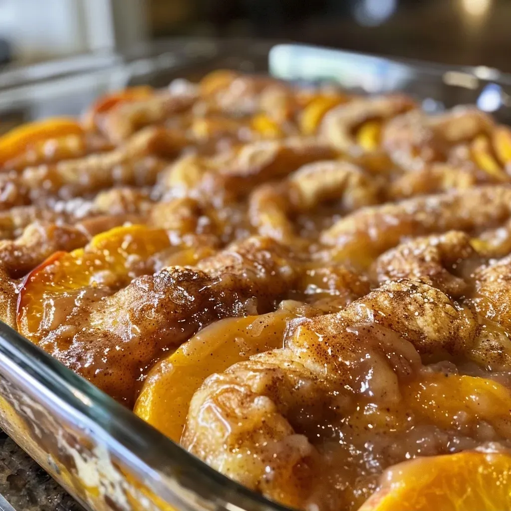 ['Close-up of a juicy Cinnamon Roll Peach Cobbler, showcasing sliced peaches and cinnamon rolls.', 'Side view of warm Peach Cobbler topped with cinnamon rolls, presented in a rustic dish.', 'Delicious Cinnamon Roll Peach Cobbler with a golden-brown crust and juicy peach filling.', 'A mouthwatering Cinnamon Roll Peach Cobbler, featuring vibrant peach slices and gooey cinnamon roll dough.']