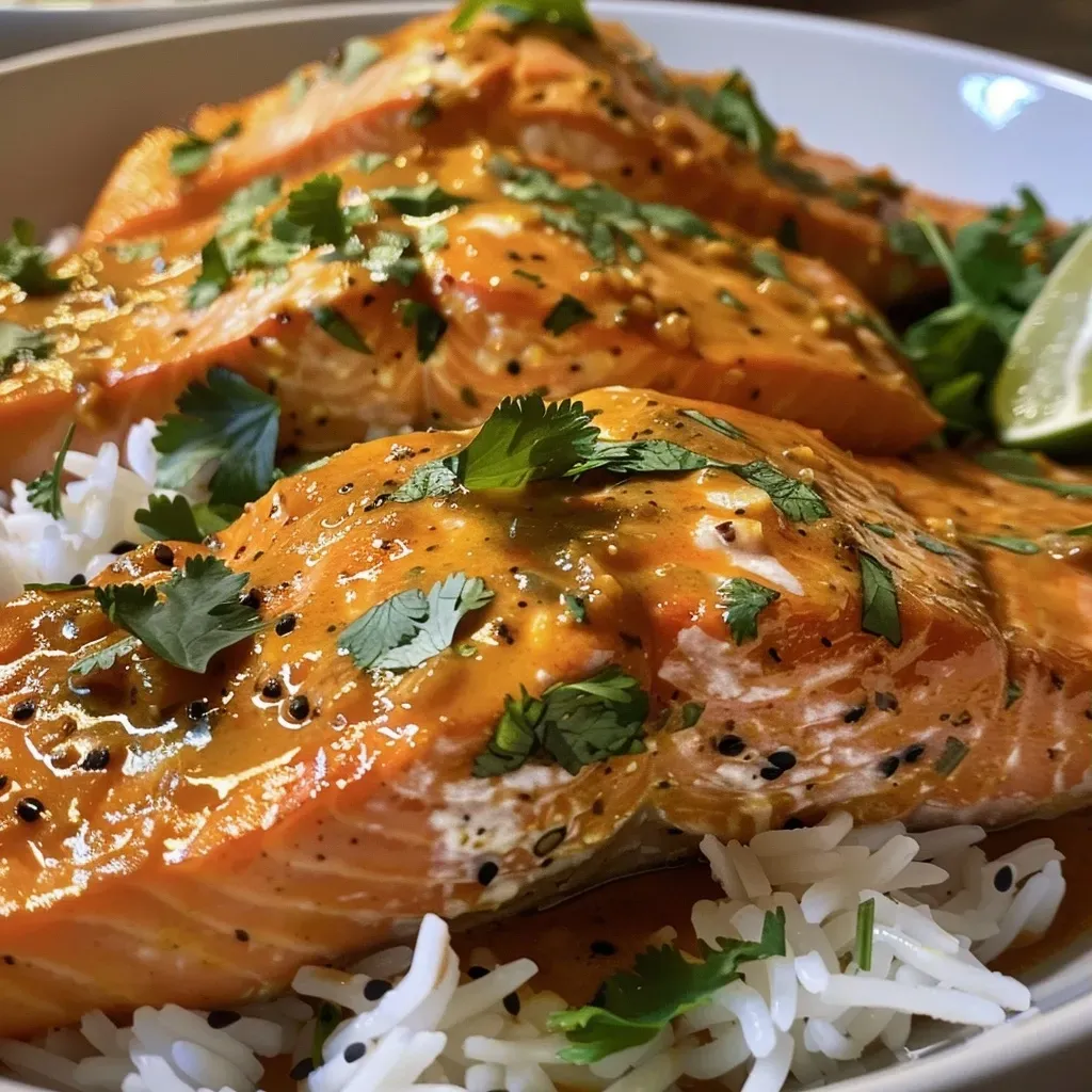 ['Side view of a plated Coconut Curry Salmon topped with cilantro.', 'Close-up of juicy salmon fillet in creamy curry sauce with garlic and herbs.', 'Salmon fillets simmering in coconut curry sauce, garnished with lime and cilantro.', 'Detailed view of Coconut Curry Salmon with garlic butter, showcasing vibrant colors.']