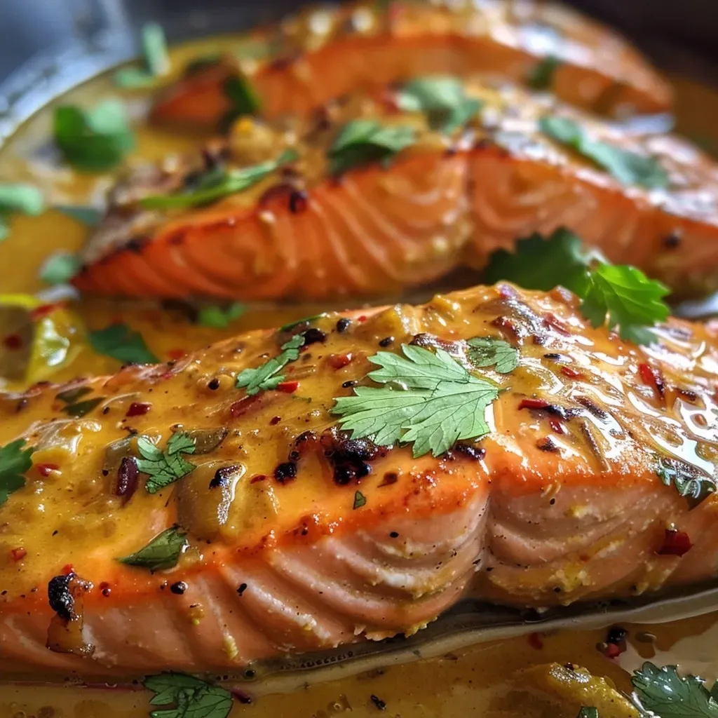 ['Side view of a plated Coconut Curry Salmon topped with cilantro.', 'Close-up of juicy salmon fillet in creamy curry sauce with garlic and herbs.', 'Salmon fillets simmering in coconut curry sauce, garnished with lime and cilantro.', 'Detailed view of Coconut Curry Salmon with garlic butter, showcasing vibrant colors.']
