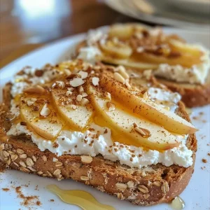 Close-up view of Cottage Cheese Apple Toast with slices of apple and honey.