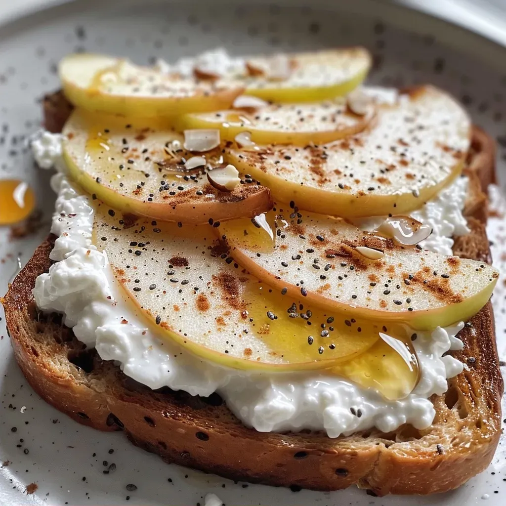 Close-up view of Cottage Cheese Apple Toast with slices of apple and honey.