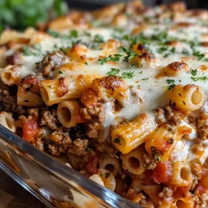 A close-up side view of a hearty Cottage Cheese Protein Pasta Bake topped with melted mozzarella cheese and fresh parsley.