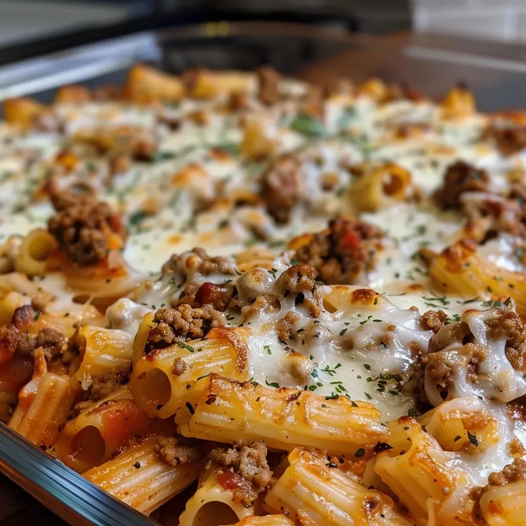 A close-up side view of a hearty Cottage Cheese Protein Pasta Bake topped with melted mozzarella cheese and fresh parsley.