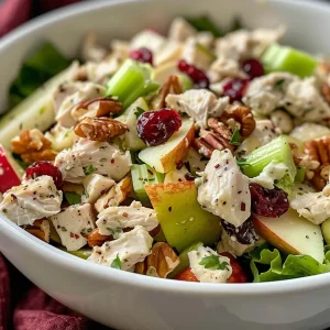 Close-up of a vibrant Cranberry Apple Chicken Salad with chunks of apple and chicken.