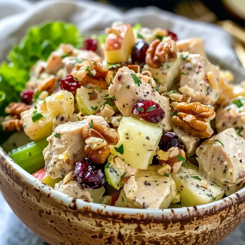 Close-up of a vibrant Cranberry Apple Chicken Salad with chunks of apple and chicken.