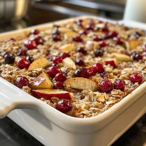 ['Close-up view of baked oatmeal with cranberries and apples showing a golden-brown crust.', 'Side view of a dish of cranberry apple cinnamon baked oatmeal with a juicy texture.', 'A serving of baked oatmeal topped with fresh cranberries and apple pieces.', 'Delicious baked oatmeal in a dish, highlighting the cinnamon topping and fruit.']