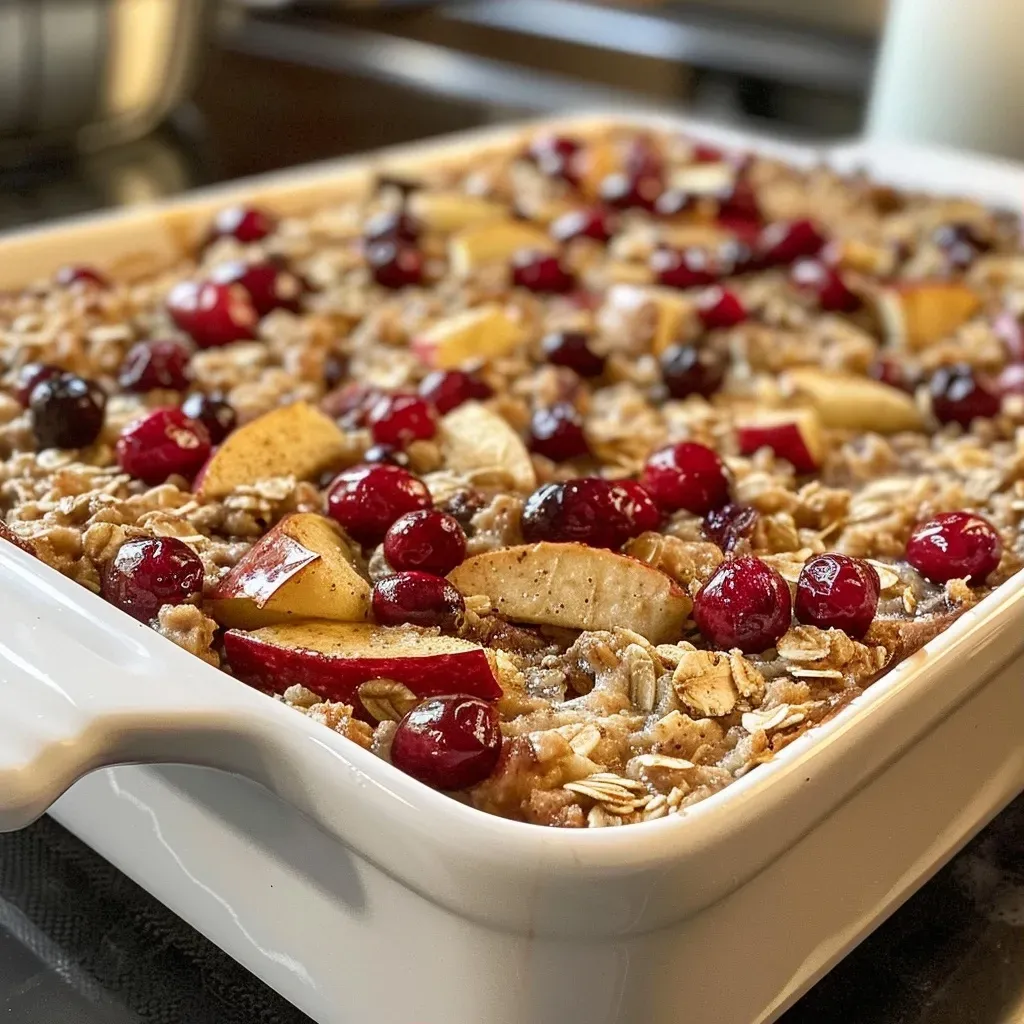 ['Close-up view of baked oatmeal with cranberries and apples showing a golden-brown crust.', 'Side view of a dish of cranberry apple cinnamon baked oatmeal with a juicy texture.', 'A serving of baked oatmeal topped with fresh cranberries and apple pieces.', 'Delicious baked oatmeal in a dish, highlighting the cinnamon topping and fruit.']