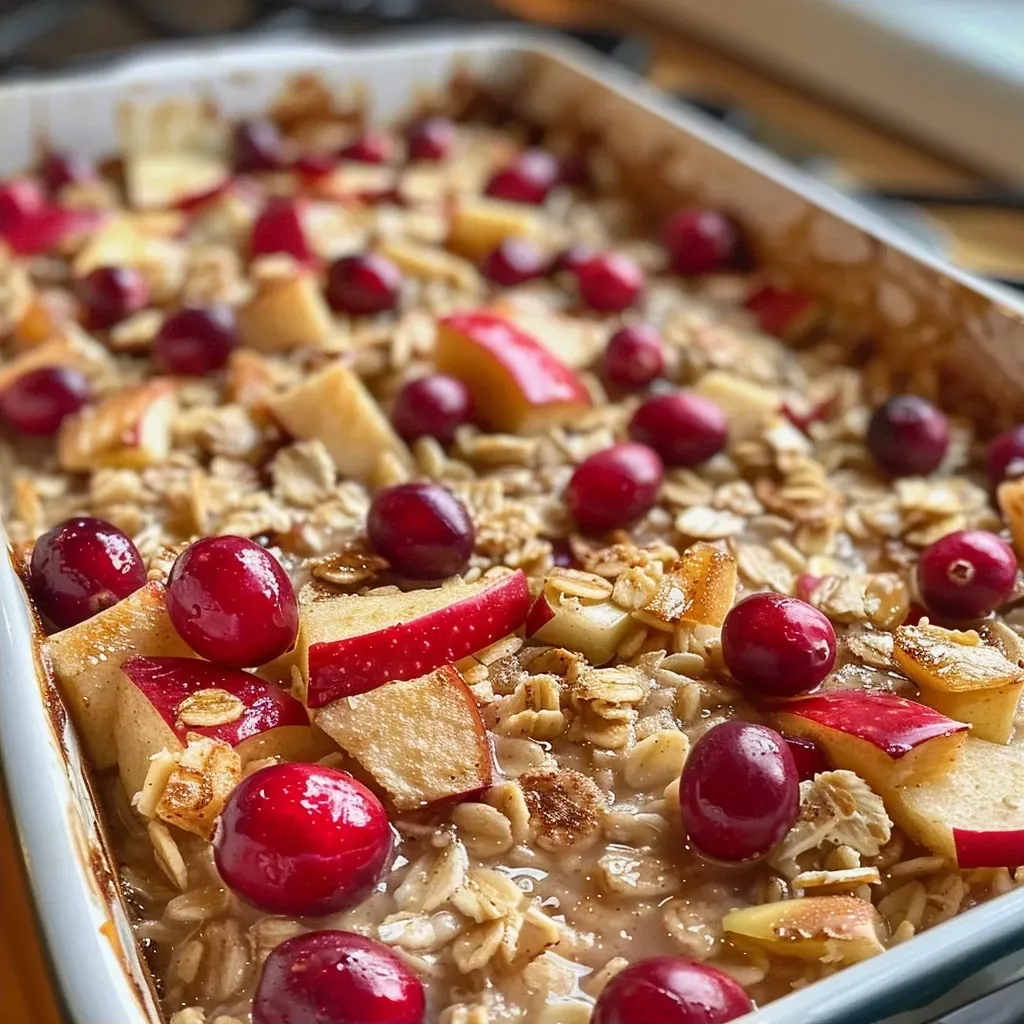['Close-up view of baked oatmeal with cranberries and apples showing a golden-brown crust.', 'Side view of a dish of cranberry apple cinnamon baked oatmeal with a juicy texture.', 'A serving of baked oatmeal topped with fresh cranberries and apple pieces.', 'Delicious baked oatmeal in a dish, highlighting the cinnamon topping and fruit.']