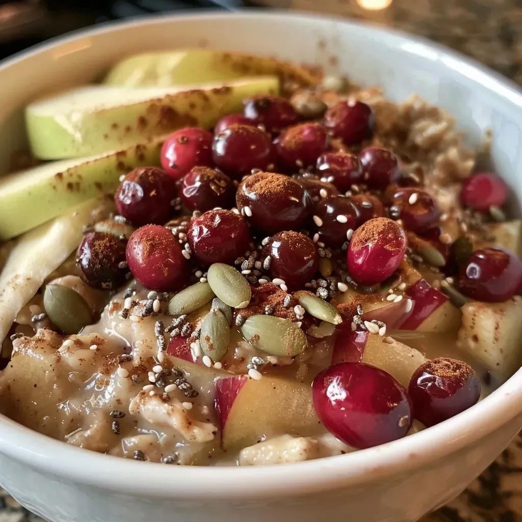 ['Close-up view of a bowl filled with Cranberry Apple Crockpot Oatmeal, showcasing slices of apple and flecks of cranberry.', 'Side angle of steaming Cranberry Apple Crockpot Oatmeal, highlighting its creamy texture and colorful toppings.', 'A vibrant bowl of Cranberry Apple Crockpot Oatmeal with visible apple slices and cranberries, captured in natural light.', 'Detailed image of hearty Cranberry Apple Crockpot Oatmeal, featuring pumpkin seeds and chia seeds sprinkled on top.']