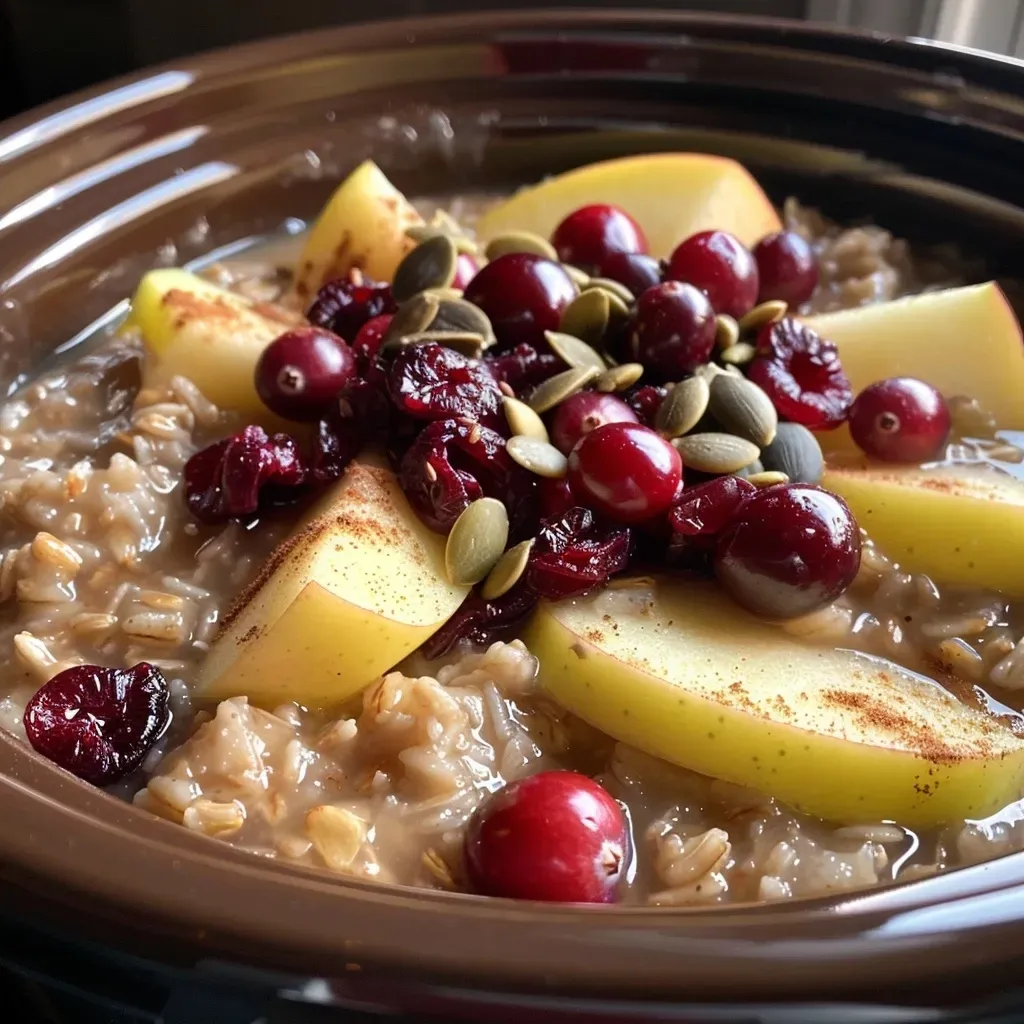 ['Close-up view of a bowl filled with Cranberry Apple Crockpot Oatmeal, showcasing slices of apple and flecks of cranberry.', 'Side angle of steaming Cranberry Apple Crockpot Oatmeal, highlighting its creamy texture and colorful toppings.', 'A vibrant bowl of Cranberry Apple Crockpot Oatmeal with visible apple slices and cranberries, captured in natural light.', 'Detailed image of hearty Cranberry Apple Crockpot Oatmeal, featuring pumpkin seeds and chia seeds sprinkled on top.']